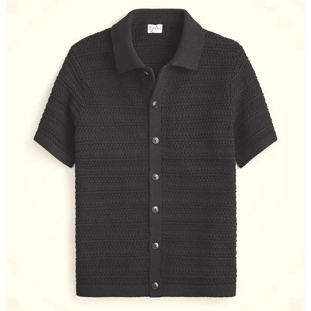 J.Crew Short Sleeve Cotton Open Stitch Polo Cardigan Sweater Men M Black Knit